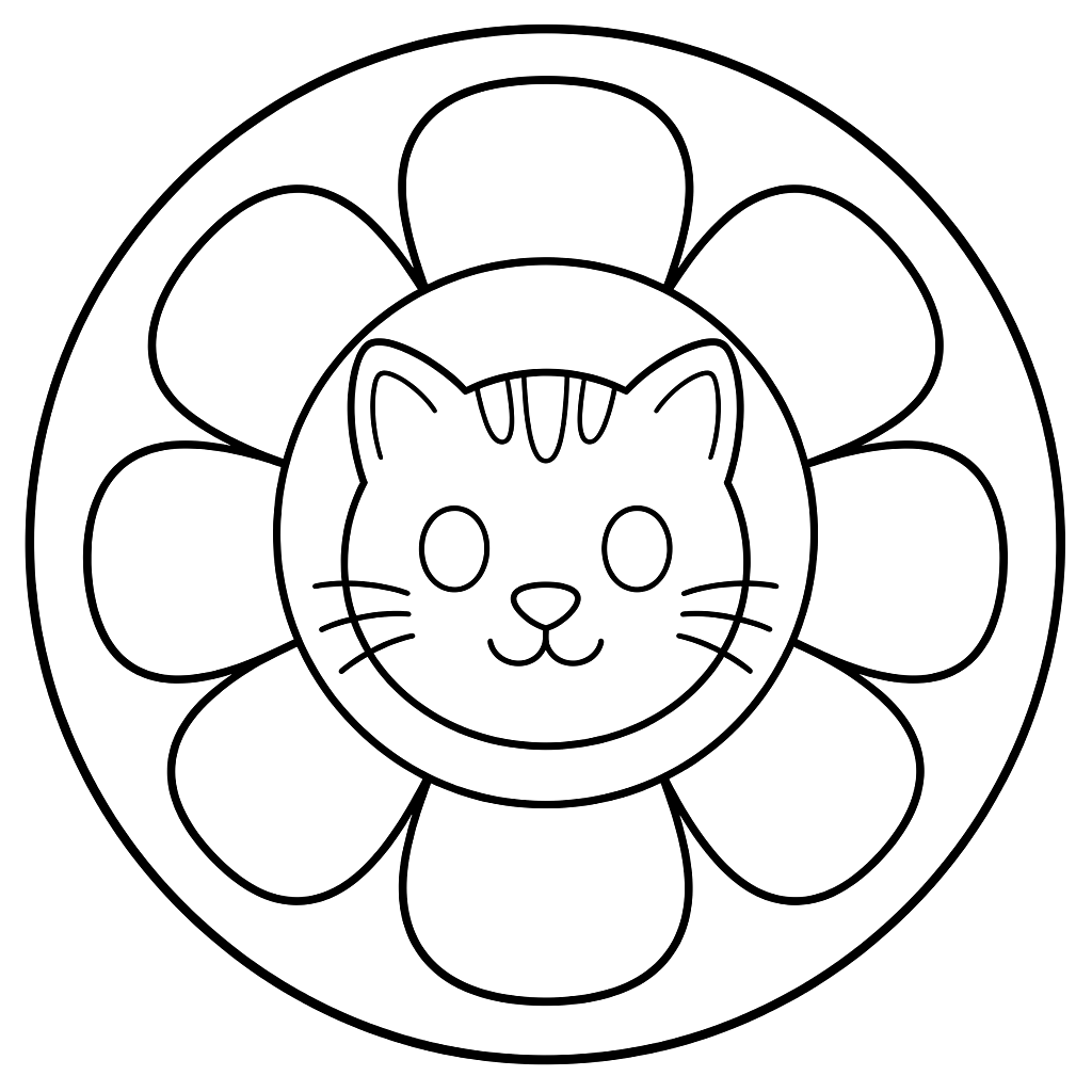 Kolorowanka mandala kot – czarno-biały rysunek konturowy do druku dla dzieci